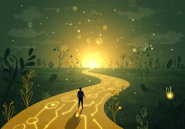 Person embracing self-discovery on a winding path.
