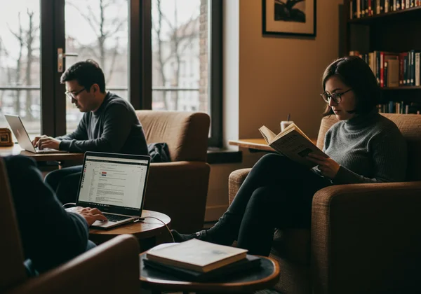 Two people quietly working side-by-side in a cafe