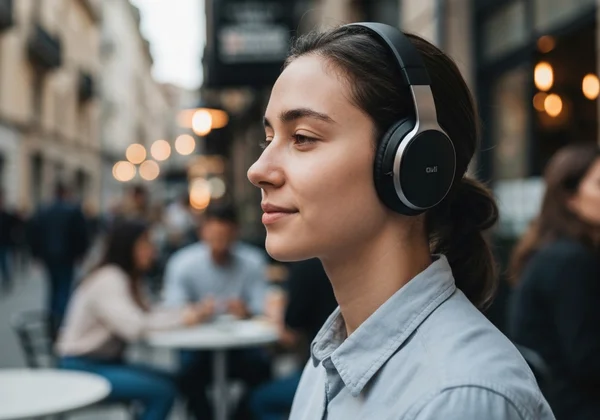 Человек находит спокойствие с наушниками в оживленной обстановке.