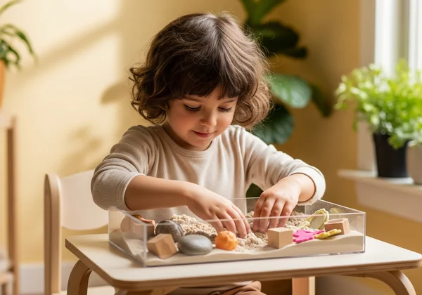 Young child playing with sensory objects calmly