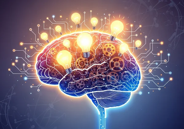 Brain with symbols of creativity, focus, and problem-solving