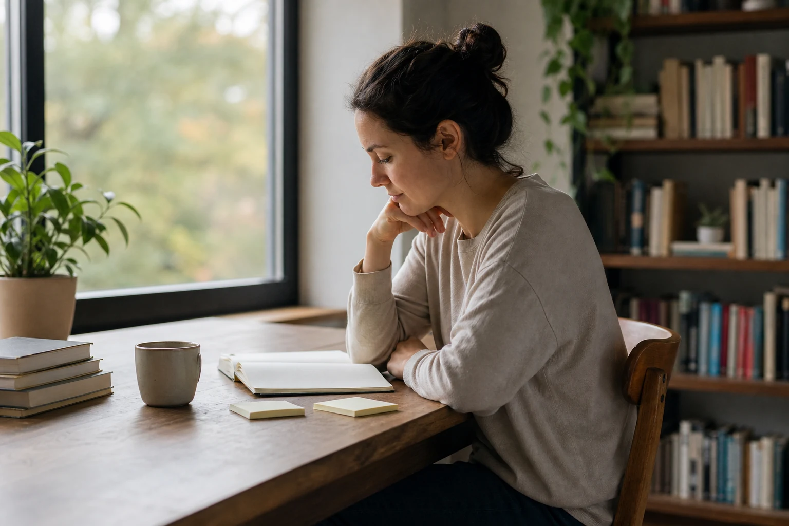 Person reflecting with notebook